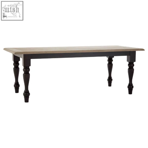 Kensington townhouse dining table with rustic gray wood top and black turned legs in farmhouse style