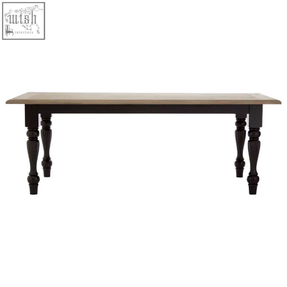Kensington townhouse dining table with light wood top and dark turned legs in rustic farmhouse style