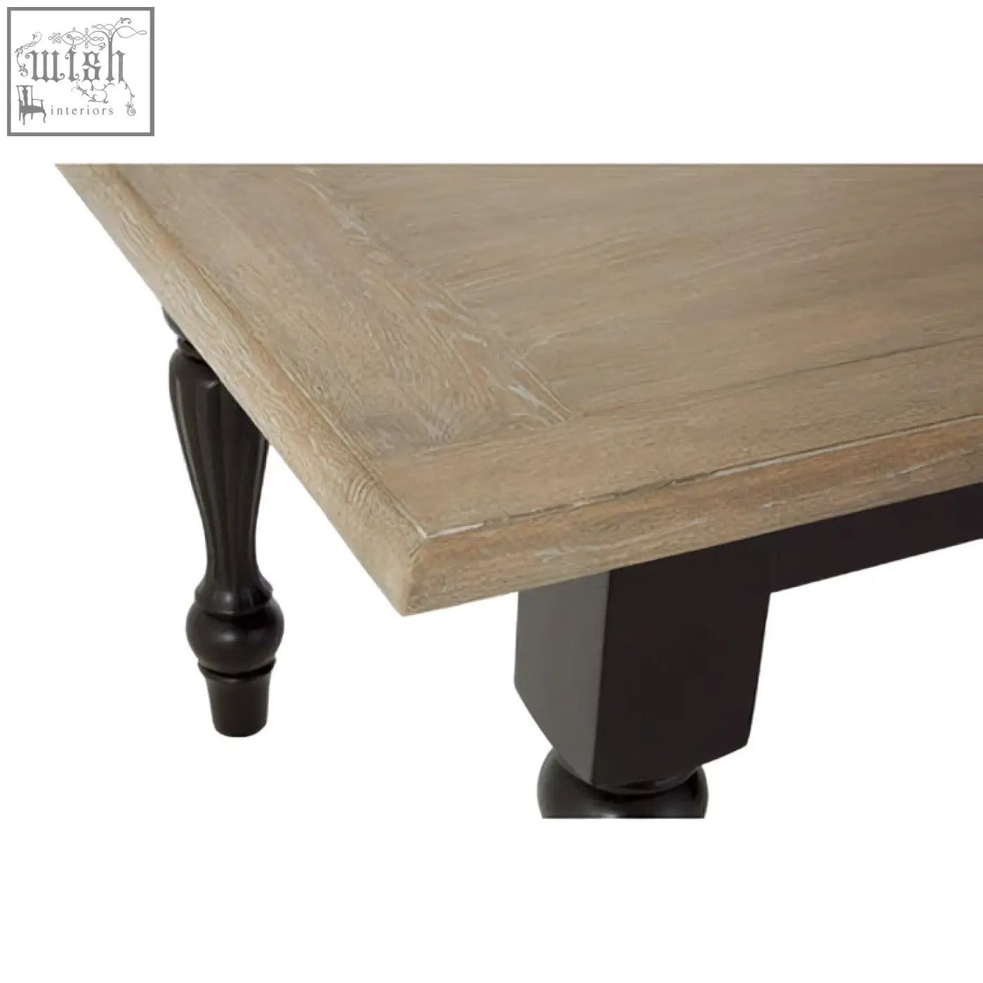 Rustic kensington townhouse dining table with distressed light gray wood top and ornate black legs