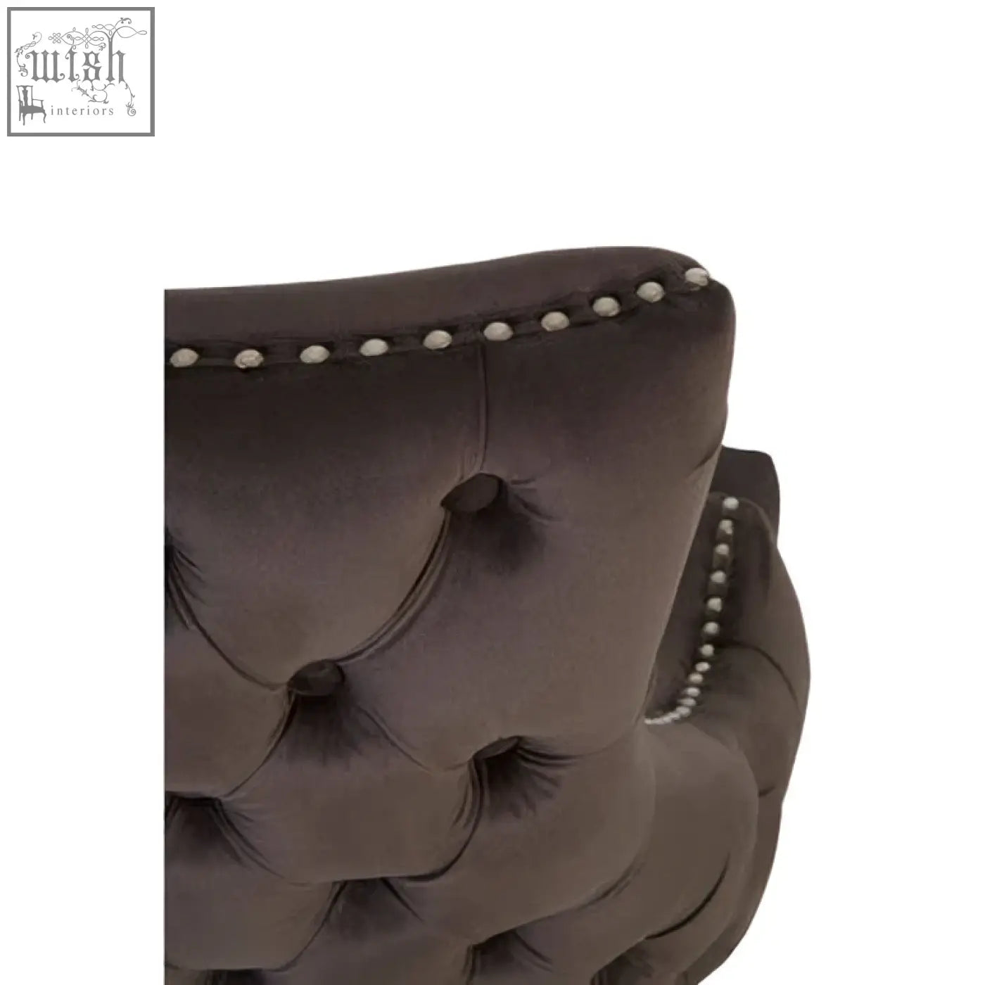 Dark gray townhouse grey velvet button tufted dining chair with pearl nailhead trim and plush upholstery