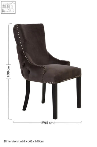 Dark brown velvet dining chair with tufted back and nailhead trim from kensington townhouse grey velvet button collection