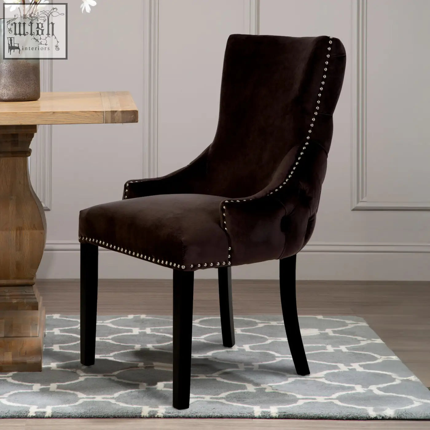 Dark brown velvet dining chair with silver nailhead trim for kensington townhouse grey velvet button tufted dining set