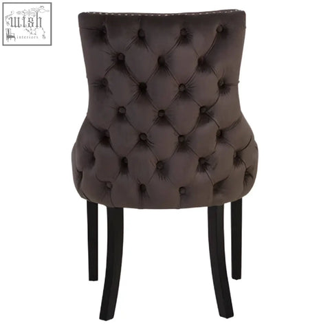 Kensington townhouse grey velvet button tufted dining chair with dark gray velvet upholstery and black legs