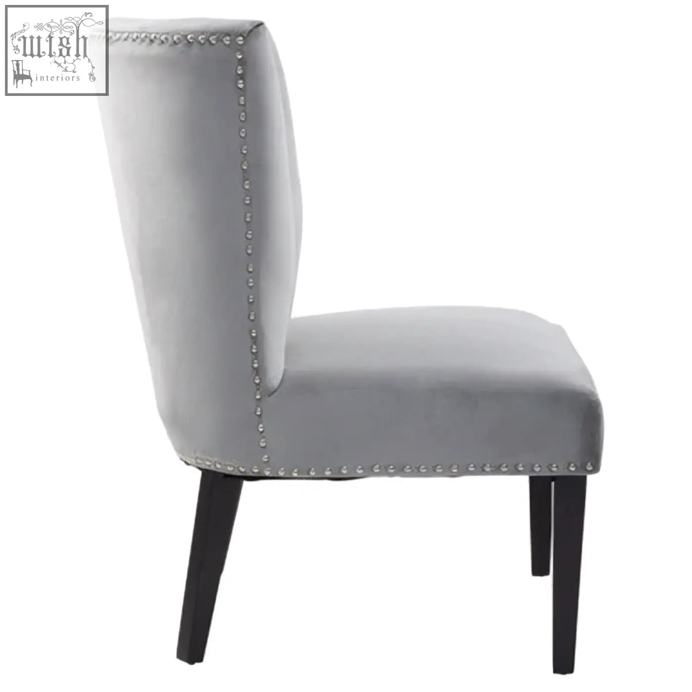 Gray velvet kensington townhouse grey winged dining chair with black legs and silver nailhead trim