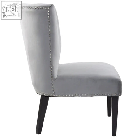 Gray velvet kensington townhouse grey winged dining chair with black legs and silver nailhead trim