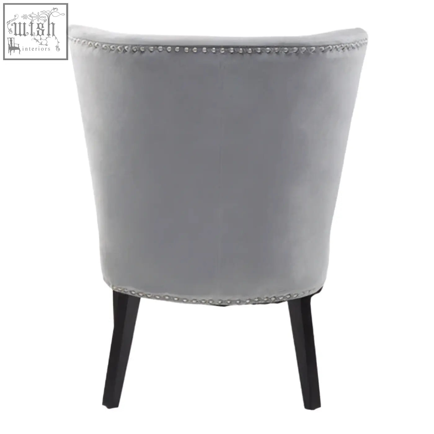 Kensington townhouse grey winged dining chair in gray velvet with black legs and silver nailhead trim
