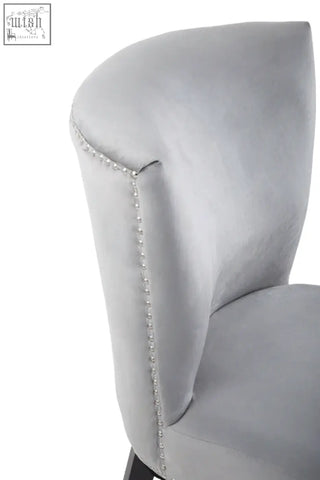 Kensington townhouse grey winged dining chair in gray velvet with silver nailhead trim for stylish dining rooms