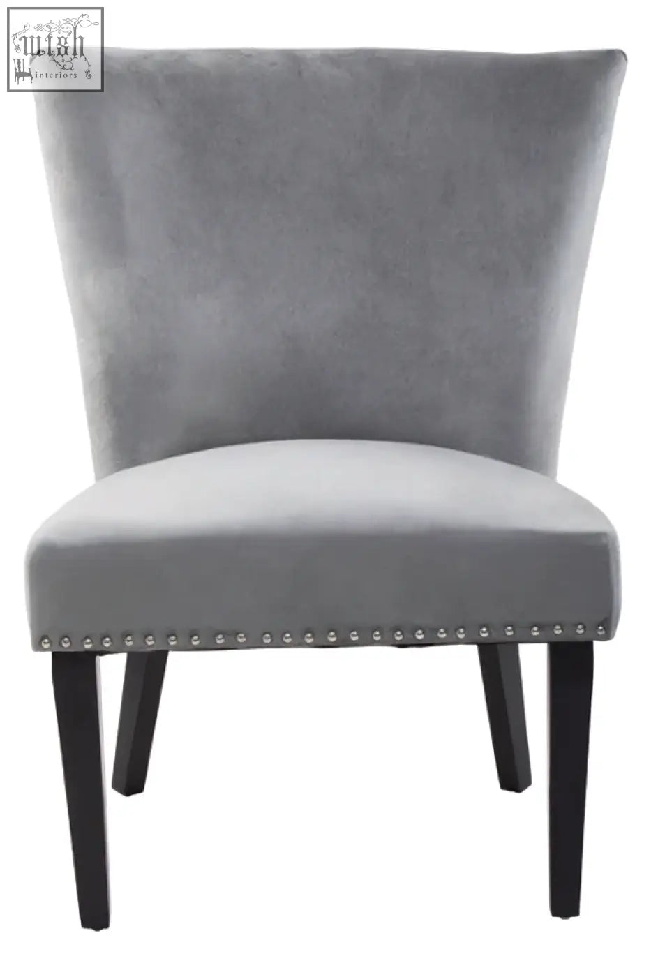 Kensington townhouse grey winged dining chair in gray velvet with black legs and silver nailhead trim