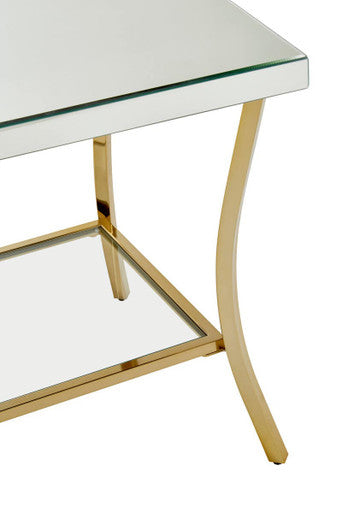 Kensington townhouse mirror side table with gold legs and mirrored glass top featuring curved iron legs and shelf