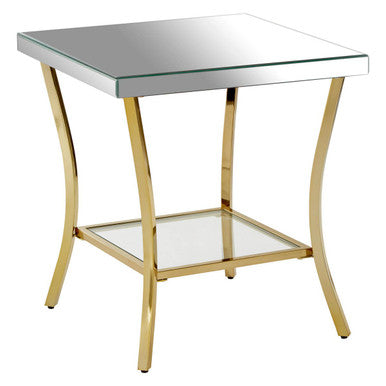 Kensington townhouse mirror side table with gold legs and curved iron legs featuring mirrored glass top and shelf