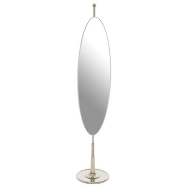 Silver oval mirror with sleek polished metal frame and stand from the kensington townhouse collection