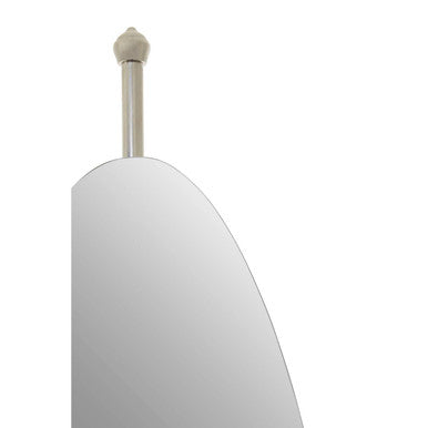 A sleek kensington townhouse silver oval mirror with a curved glass surface and slender metallic stand topped by a finial