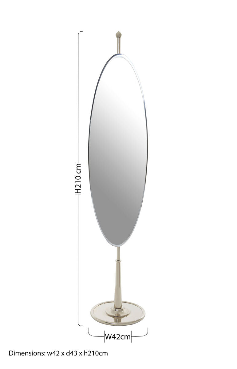 A tall slender kensington townhouse silver oval mirror with a polished frame and stand for elegant decor