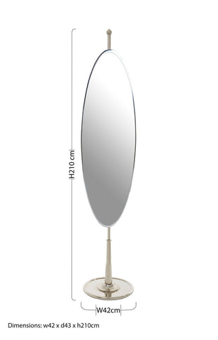 A tall slender kensington townhouse silver oval mirror with a polished frame and stand for elegant decor