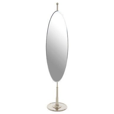 A tall silver oval mirror with a polished frame and stand from the kensington townhouse collection