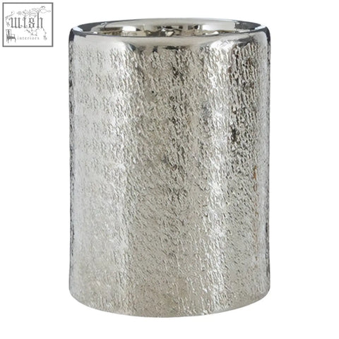 Silver candle holder with hammered metal finish by Kensington Townhouse Safia small textured cylindrical design