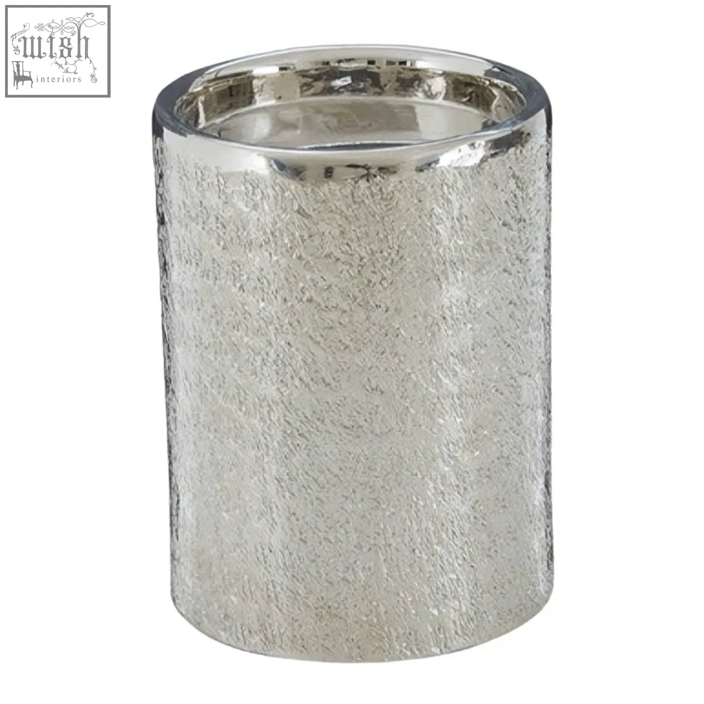 Silver mercury glass candle holder with textured speckled surface and reflective rim from kensington townhouse safia small candle holder