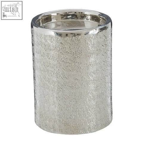 Silver mercury glass candle holder with textured speckled surface and reflective rim from kensington townhouse safia small candle holder