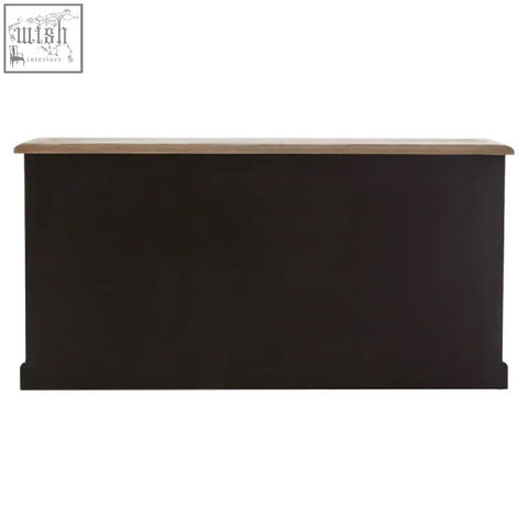 Black wooden console table with a light brown top from the kensington townhouse sideboard collection