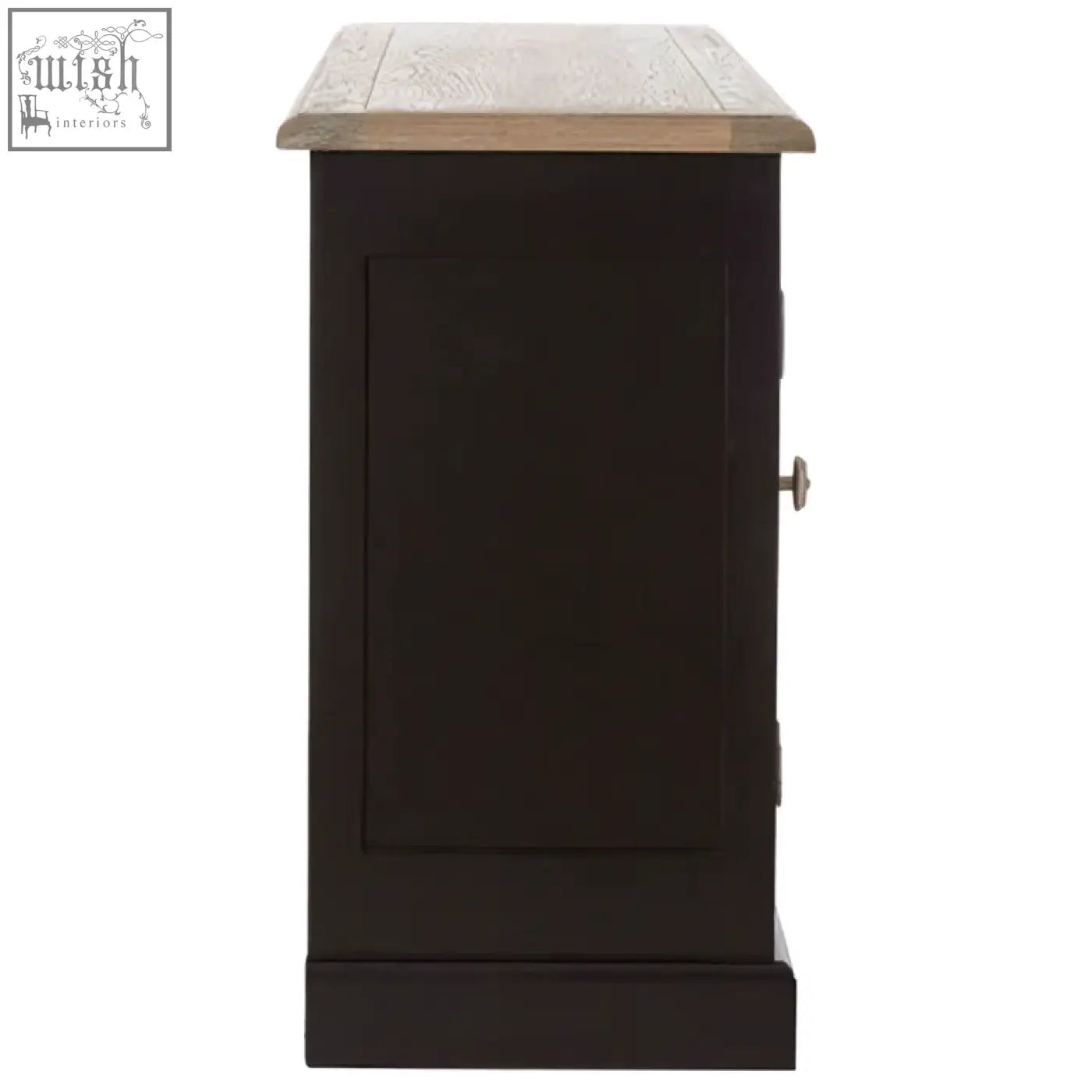 Black wooden kensington townhouse sideboard with a light textured top and silver knob on the door