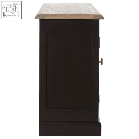 Black wooden kensington townhouse sideboard with a light textured top and silver knob on the door