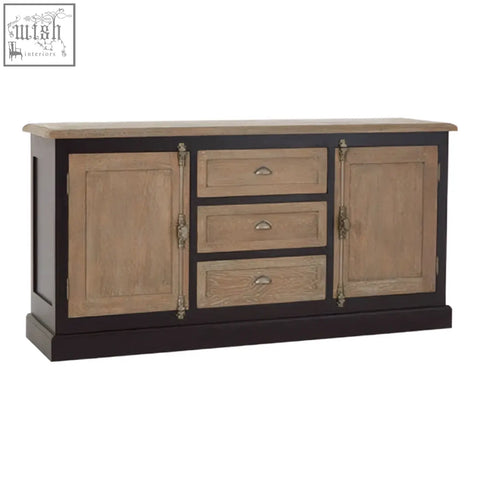 Dark wood kensington townhouse sideboard with light oak doors drawers and brass handles for stylish storage
