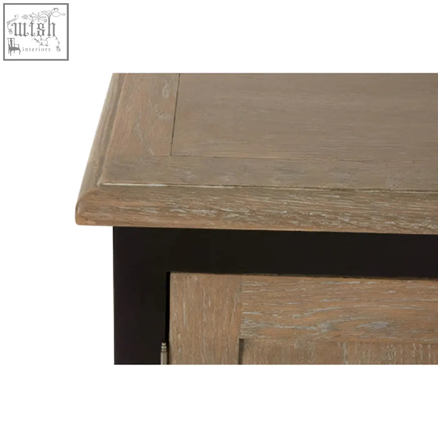Kensington townhouse sideboard with rustic gray wood top featuring visible grain and black metal legs in a farmhouse style