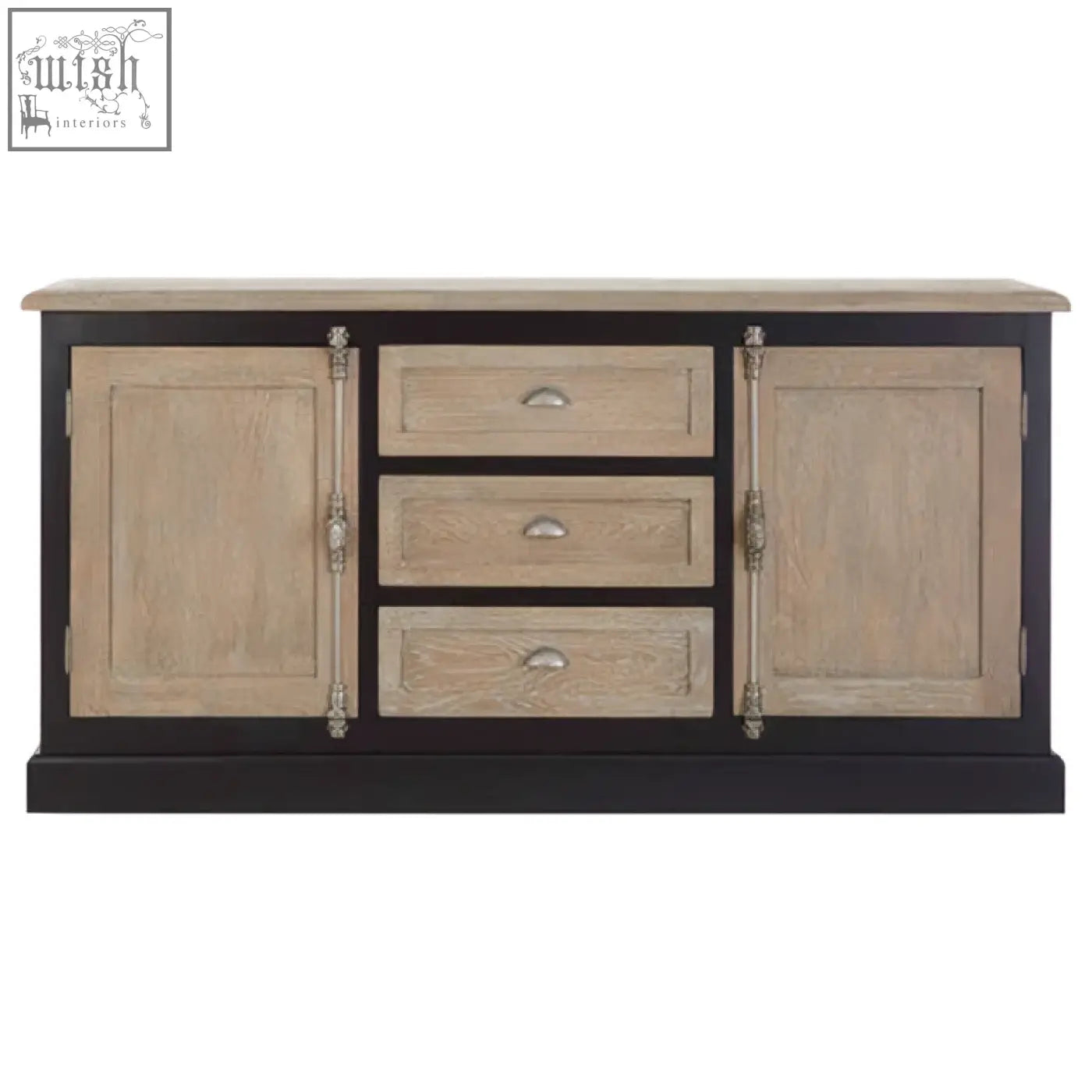 Kensington townhouse sideboard with light wood finish and black accents offers rustic farmhouse storage and style
