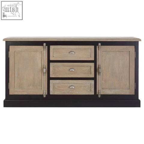 Kensington townhouse sideboard with light wood finish and black accents offers rustic farmhouse storage and style