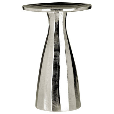 Small silver candle holder with a sleek tapered design and textured vertical grooves in silver metallic finish
