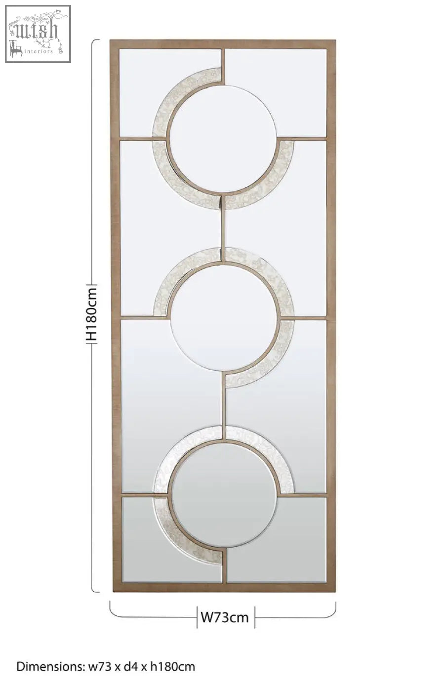 A kensington townhouse wall mirror with a tall gold-toned frame and three vertical circular mirrored panels separated by metal dividers