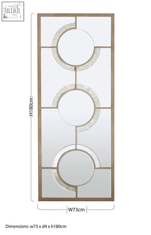 A kensington townhouse wall mirror with a tall gold-toned frame and three vertical circular mirrored panels separated by metal dividers