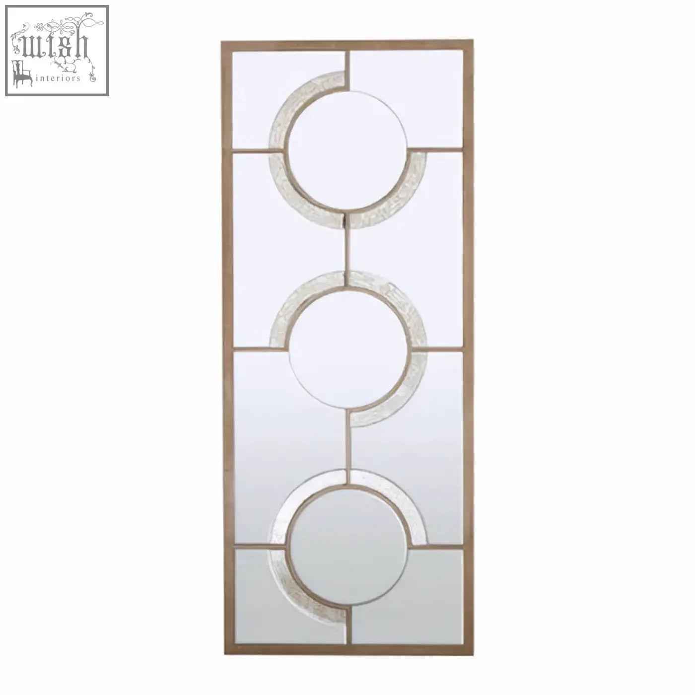 Kensington townhouse wall mirror with three vertical circular mirrors in light gold-toned metal frame, tall rectangular design