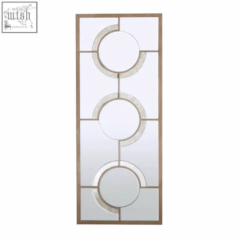 Kensington townhouse wall mirror with three vertical circular mirrors in light gold-toned metal frame, tall rectangular design