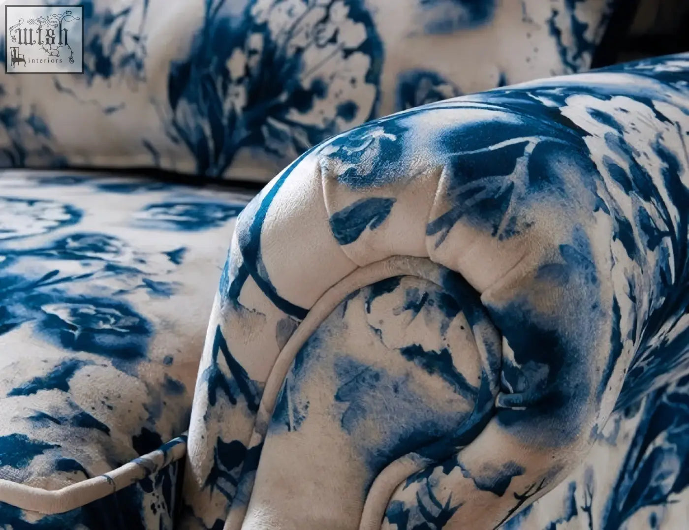 Blue and white floral upholstered kensington wing chair with soft textured fabric finish for cozy seating