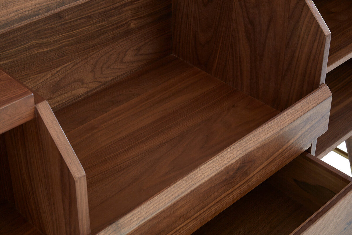 Dark brown wooden deep central drawer with polished finish and grain patterns in kenso sideboard natural sideboard