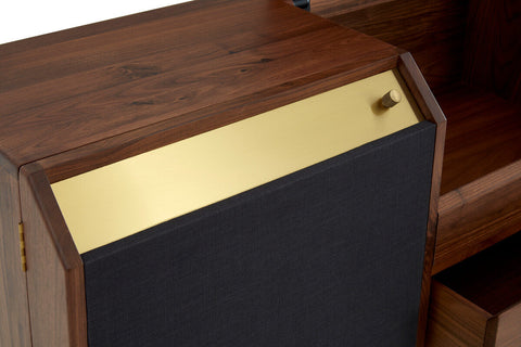 Kenso sideboard dark wood natural sideboard with gold-accented panel and deep central drawer speaker grille