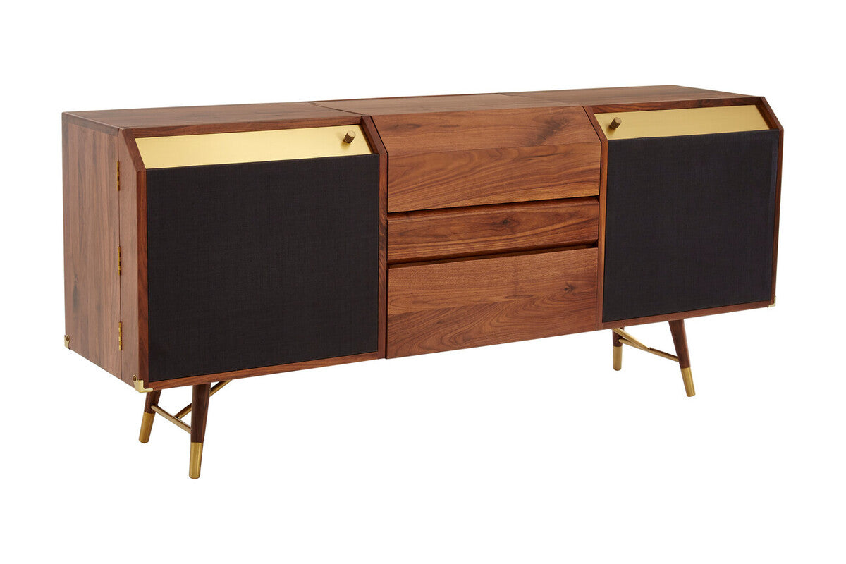 Kenso sideboard with rich walnut finish natural sideboard featuring black panel doors and gold hardware and legs