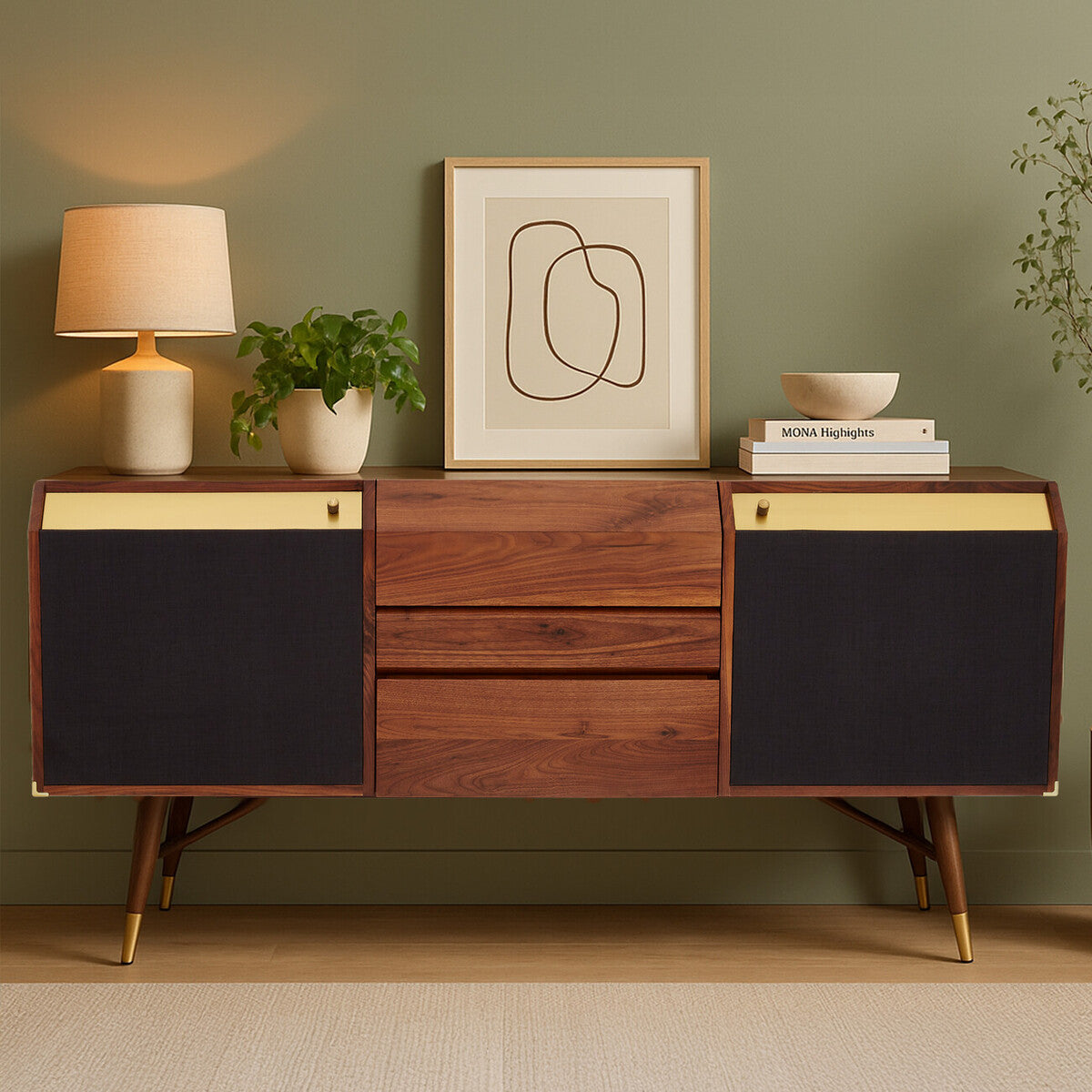 Mid-century modern kenso sideboard with rich walnut finish black panel doors gold hardware and a deep central drawer