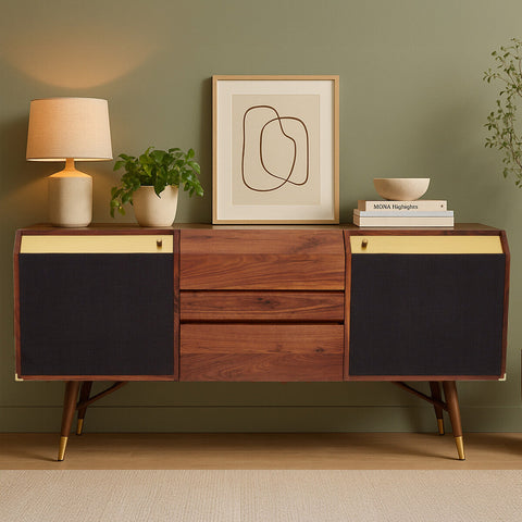 Mid-century modern kenso sideboard with rich walnut finish black panel doors gold hardware and a deep central drawer