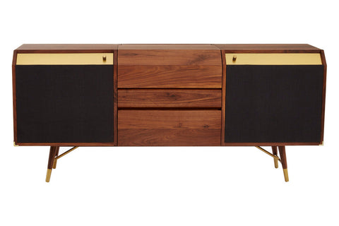 Mid-century modern kenso sideboard with rich walnut wood, black panel doors, gold-tone hardware, and deep central drawer