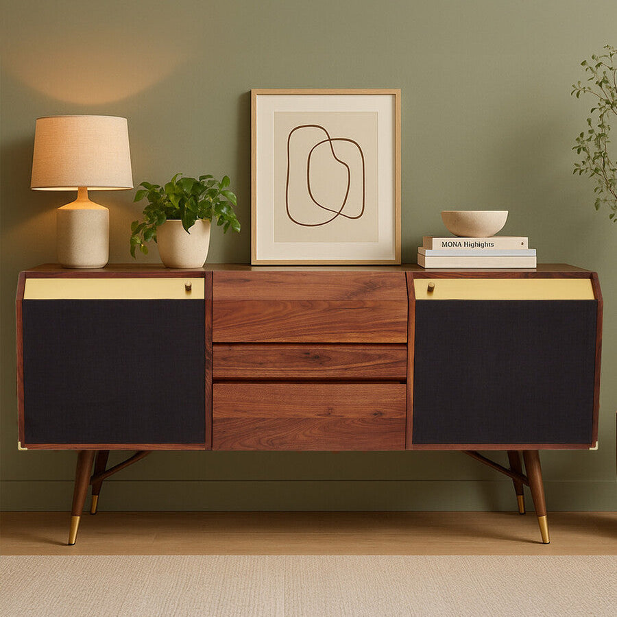 Mid-century modern kenso sideboard with rich walnut finish, black panel doors, gold hardware, and deep central drawer