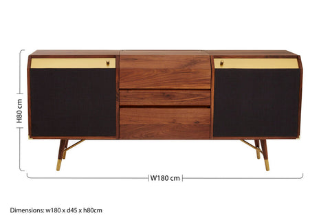 Kenso sideboard natural sideboard with rich walnut wood, black panel doors, gold-tone hardware, and deep central drawer