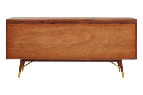 Kenso sideboard with deep central drawer natural wooden sideboard in warm brown finish and brass-accented legs