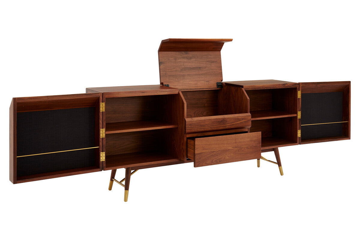 Modern walnut wood kenso sideboard with gold-tone hardware tapered legs and deep central drawer natural sideboard