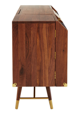 A sleek kenso sideboard in rich walnut wood with brass accents featuring a deep central drawer natural sideboard design