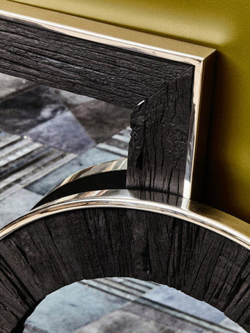 Kerala black rectangular wall mirror with blackened wood frame and polished brass accents for stylish decor
