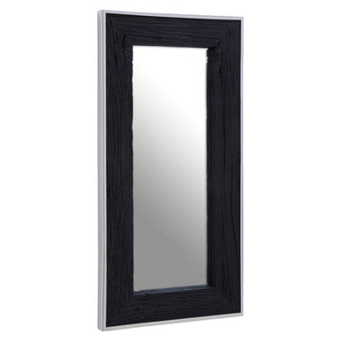 Kerala black rectangular wall mirror with textured wood finish frame and silver metallic trim perfect as wall mirror