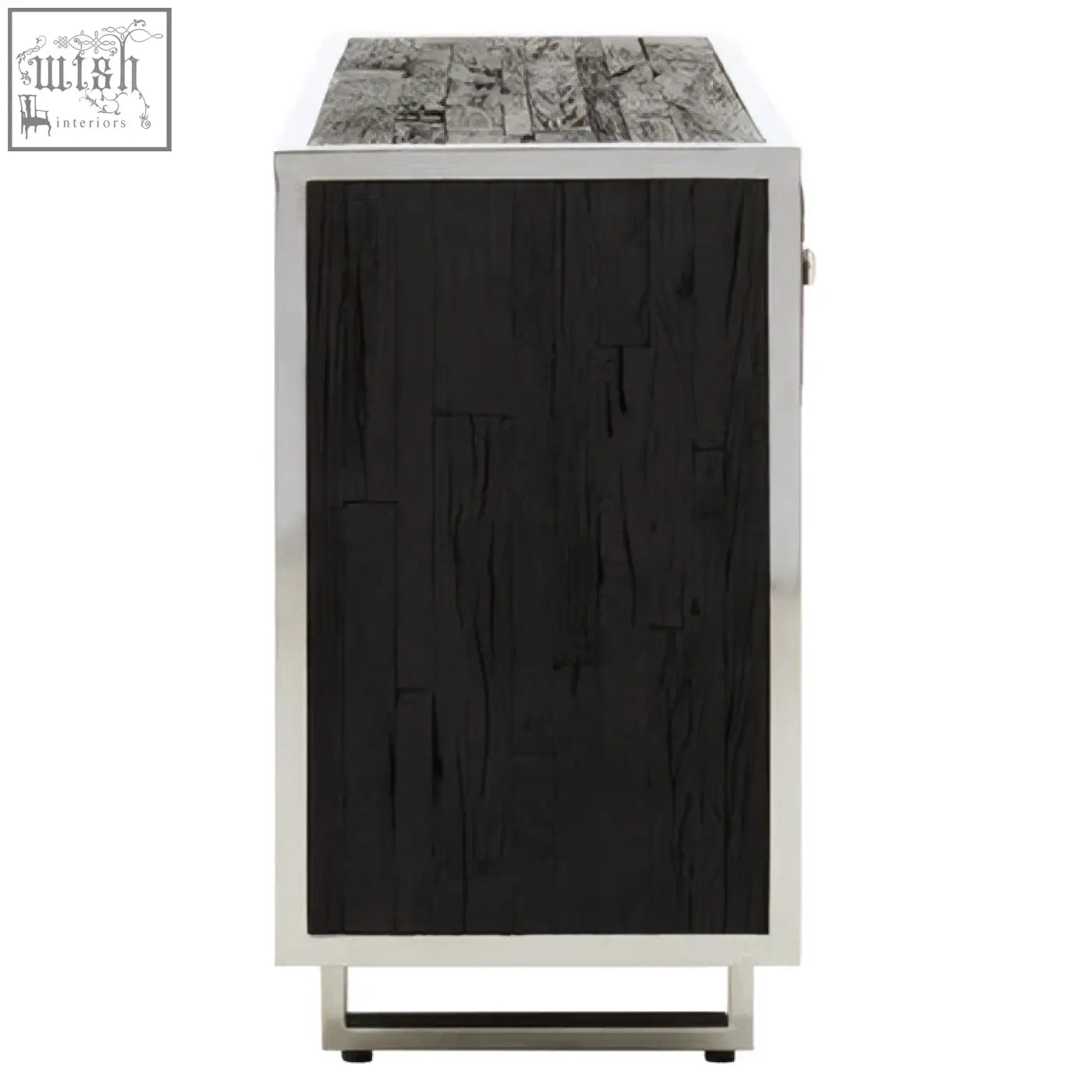 Kerala black sideboard with black textured wood and stainless steel silver metallic frame and top surface