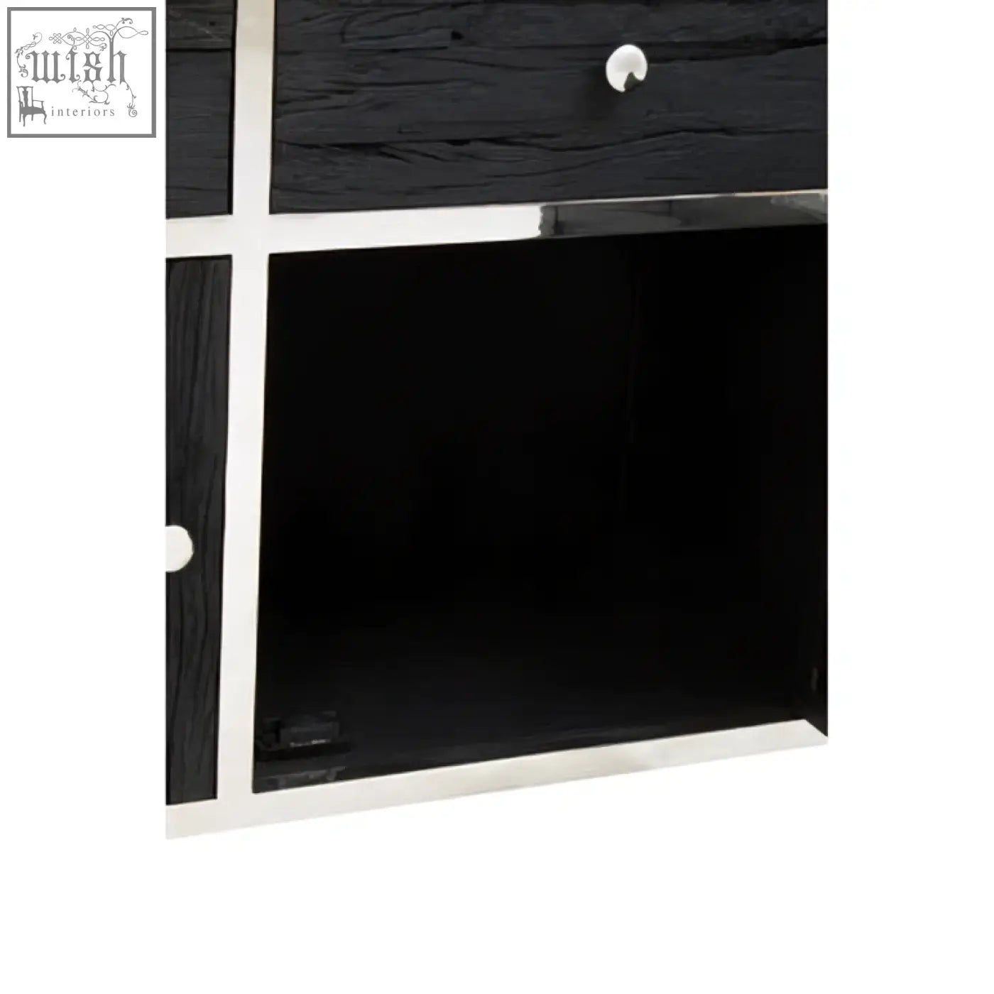 Kerala black sideboard with black and white cross-patterned textured wood finish and stainless steel details